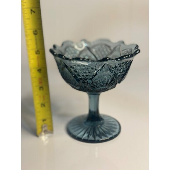 VTG Fenton Glass Compote Blue Dish Pedestal Candy Bowl with Fan Diamond Pattern - Picture 7 of 7